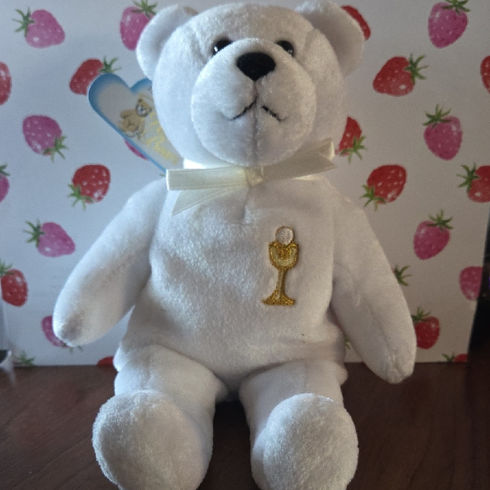 First Communion White Plush Holy Bear with Gold Goblet Embroidery